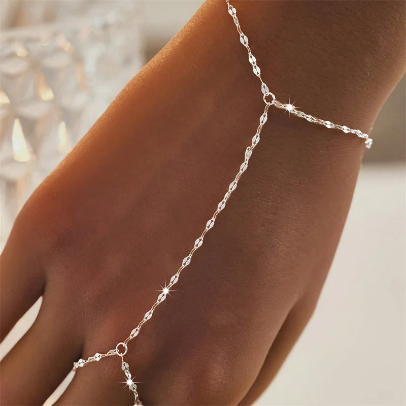 Multilayer Vintage Connected Finger Ring Bracelets for Women Handmade Thin Link Chain Bracelets Friendship Party Jewelry Gifts