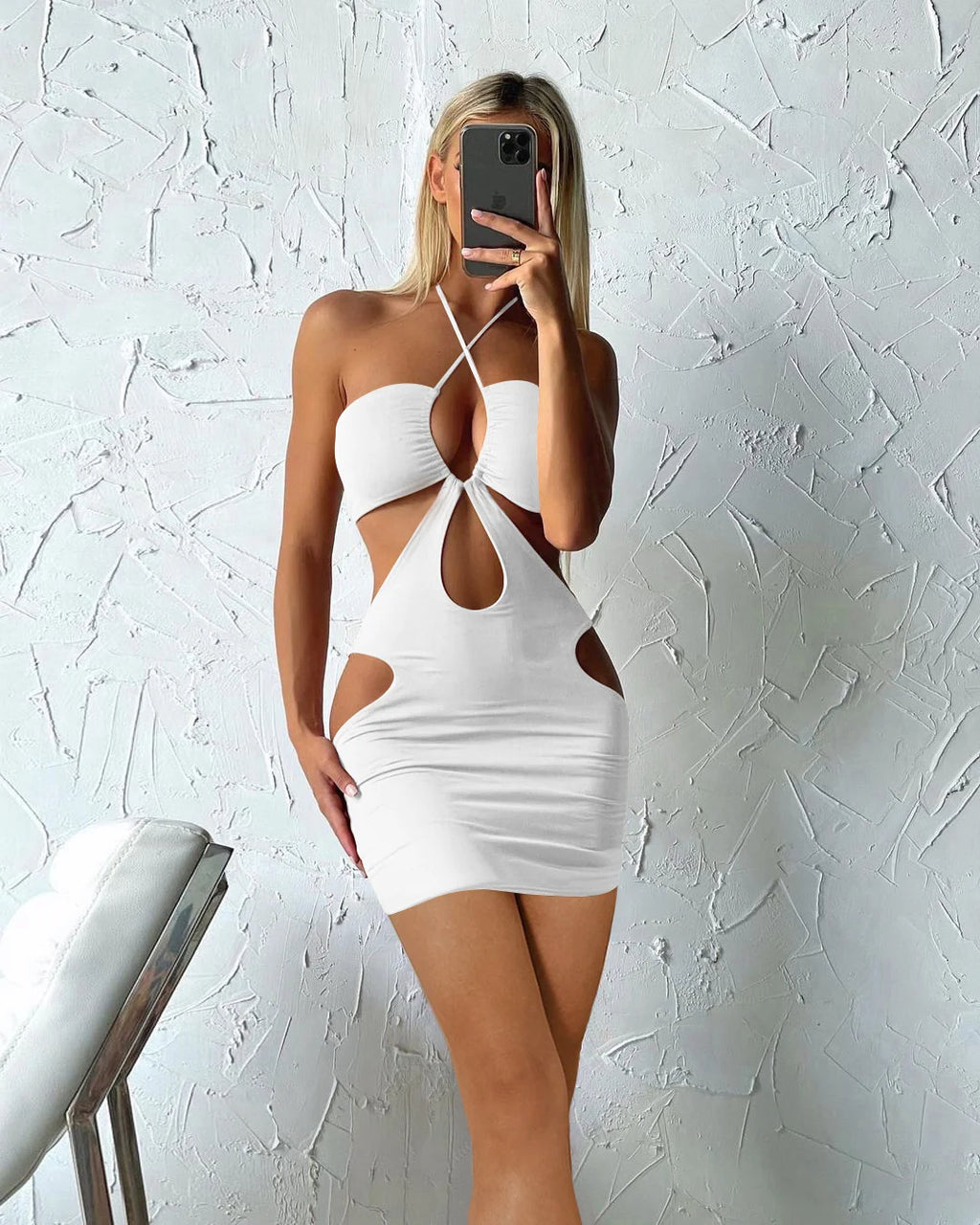 Kesiachiccly Double Layers Ruched Bodycon Dress Women Halter Bandage Mini Dress Summer White Skinny Stretchy Party Vestidos