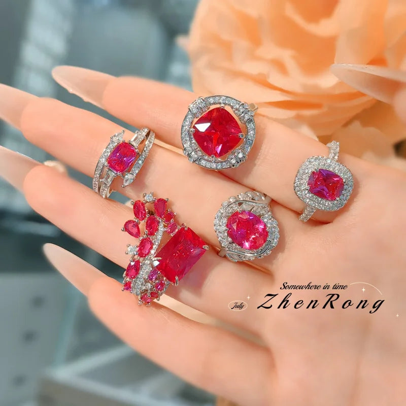 Fashion Red Corundum Ring for Women - Luxury Simulated Blood Red High-Carbon Diamond - Wedding and Engagement Exclusive Jewelry