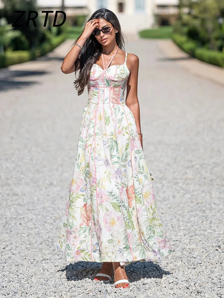Boho Printed Women's Summer Holiday Halter Long Dress Waist Cinched Pleated Backless Sleeveless A-line Dresses 2026 Beach Robes