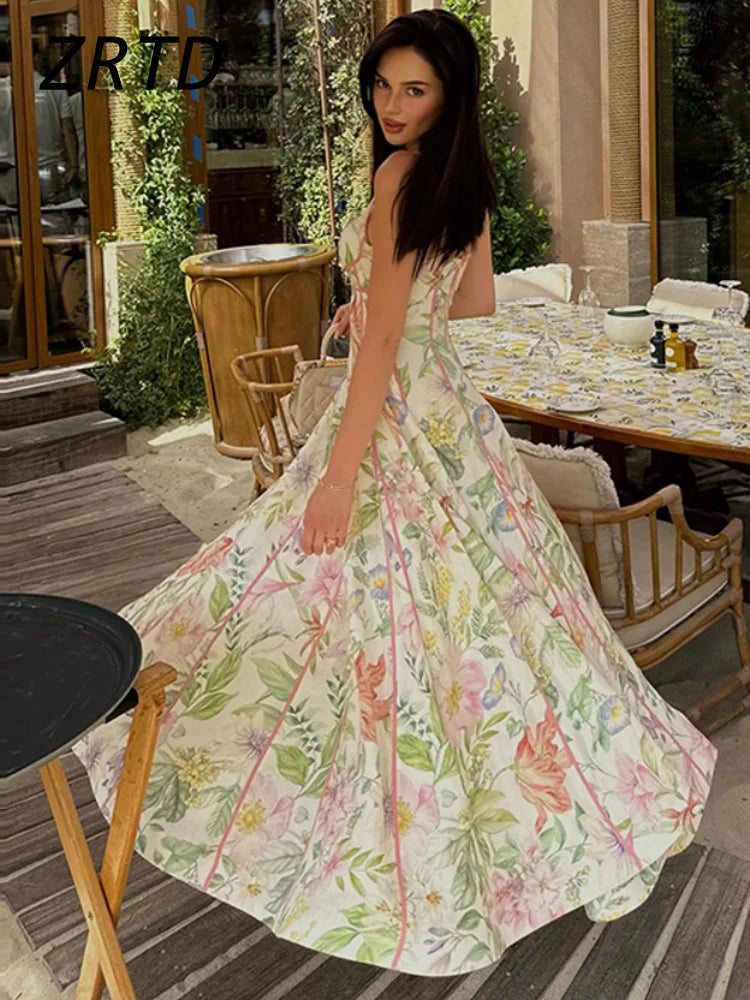 Boho Printed Women's Summer Holiday Halter Long Dress Waist Cinched Pleated Backless Sleeveless A-line Dresses 2026 Beach Robes