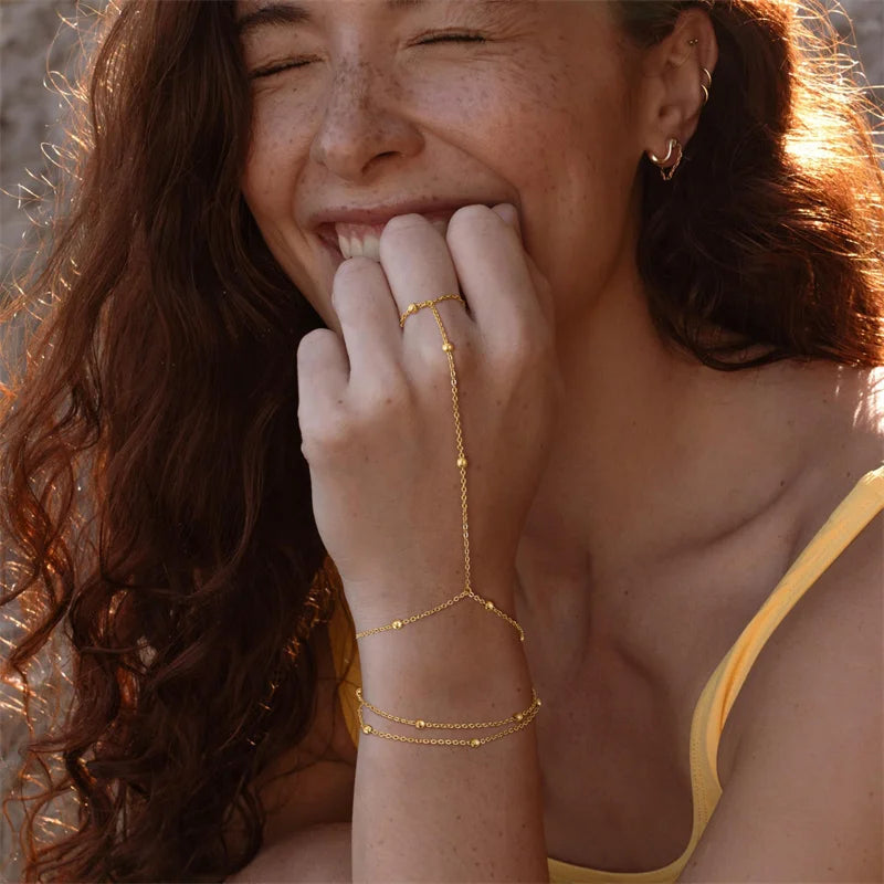 Multilayer Vintage Connected Finger Ring Bracelets for Women Handmade Thin Link Chain Bracelets Friendship Party Jewelry Gifts