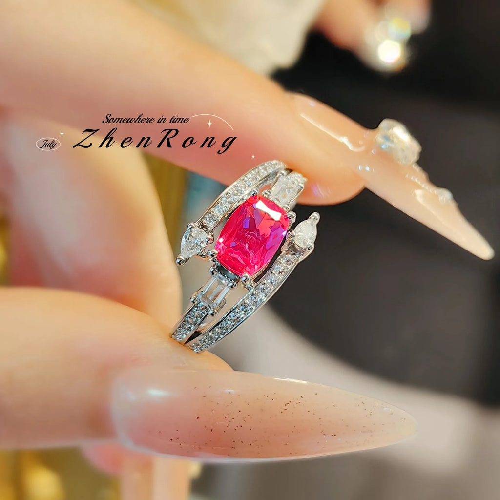 Fashion Red Corundum Ring for Women - Luxury Simulated Blood Red High-Carbon Diamond - Wedding and Engagement Exclusive Jewelry