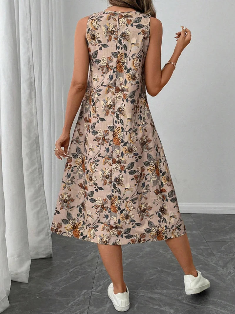 Women's Fashion New Floral Print Pocket A-line Dresses 2025 Summer Casual O-neck Sleeveless Party Midi Dress Woman Beach Dress