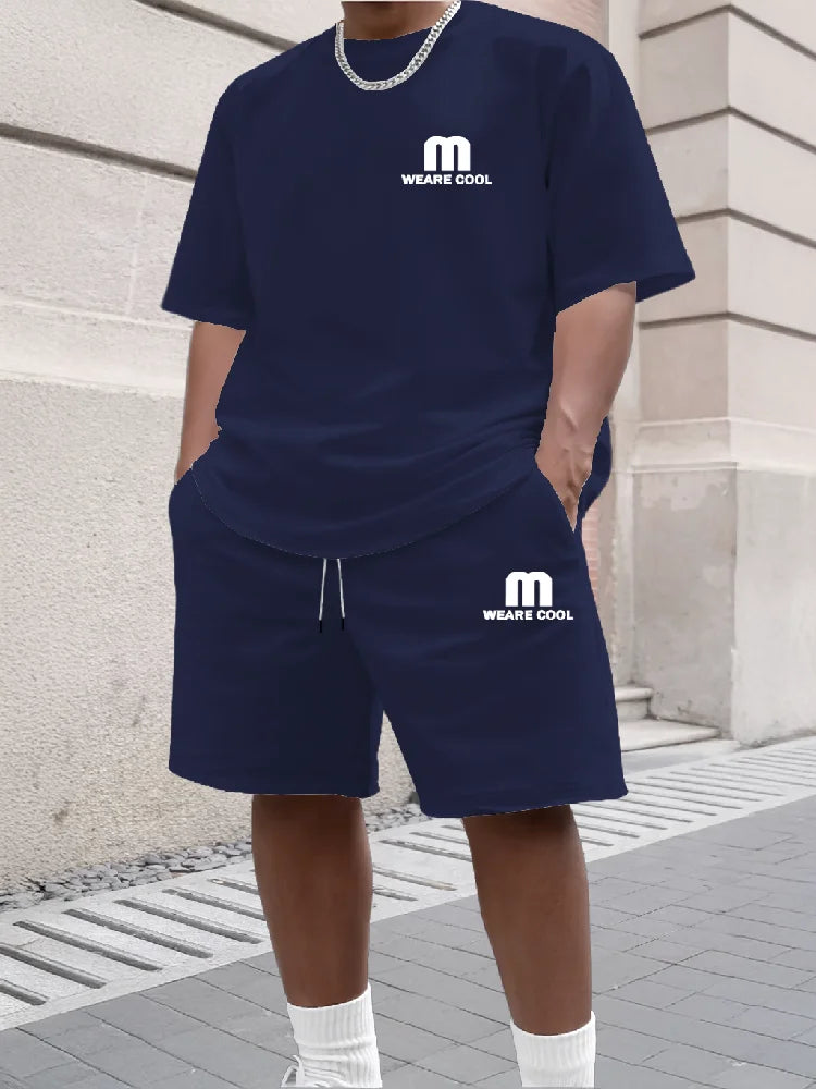 Summer Men's Sports Short Sleeved Shorts Set Street Style M Print Casual 2-piece Set Breathable Loose Fashion Outfit