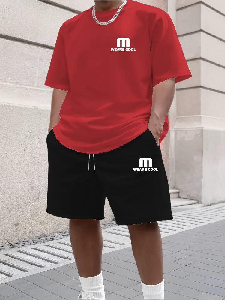 Summer Men's Sports Short Sleeved Shorts Set Street Style M Print Casual 2-piece Set Breathable Loose Fashion Outfit