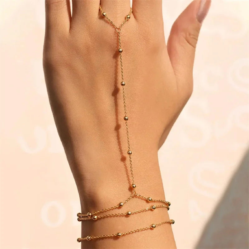 Multilayer Vintage Connected Finger Ring Bracelets for Women Handmade Thin Link Chain Bracelets Friendship Party Jewelry Gifts