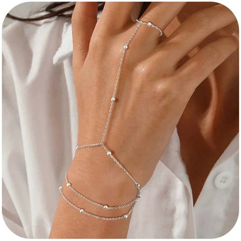 Multilayer Vintage Connected Finger Ring Bracelets for Women Handmade Thin Link Chain Bracelets Friendship Party Jewelry Gifts